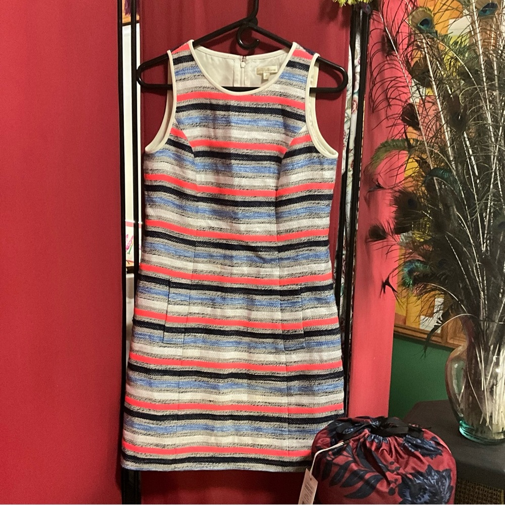 EUC Shoshanna Striped Linen Blend SIZE 4 Tank Sheath Dress Kangaroo Pockets